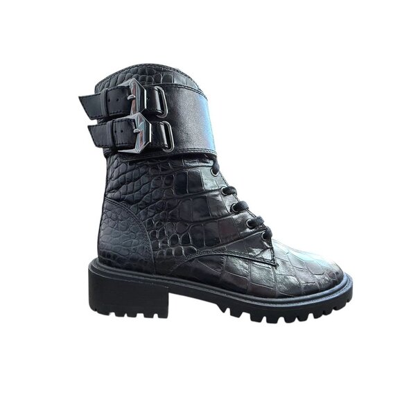 Vince Camuto Black Croc-Embossed Leather Combat Boots Women 6.5 NWOB - Picture 1 of 10